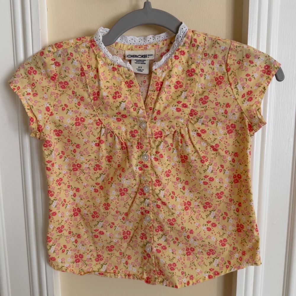 Vintage Cherokee Girls 2T‎ Yellow Floral Button Up Blouse Lace Trim Cotton Shirt